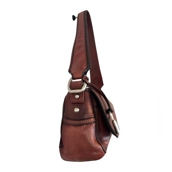 Vintage Fossil Leather Y2K Shoulder Bag Brown Flap Purse Key Charm 75082 - Picture 4 of 14